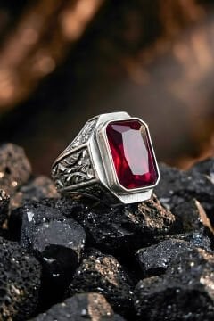 Erzurum Kalem İşçiliği Mizan Model Yakut Zirkon Taşlı Erkek Yüzük