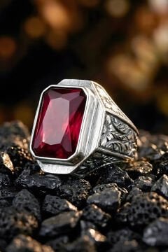 Erzurum Kalem İşçiliği Mizan Model Yakut Zirkon Taşlı Erkek Yüzük