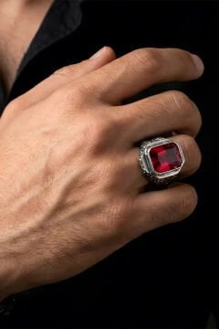 Erzurum Kalem İşçiliği Mizan Model Yakut Zirkon Taşlı Erkek Yüzük