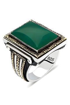 Yeşil Akik Dikdörtgen Kalem İşlemeli Gümüş Yüzük