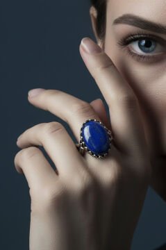 Lale Model Lapis Lazuli Taşlı El İşi Gümüş Yüzük 16 - Gümüş Rengi