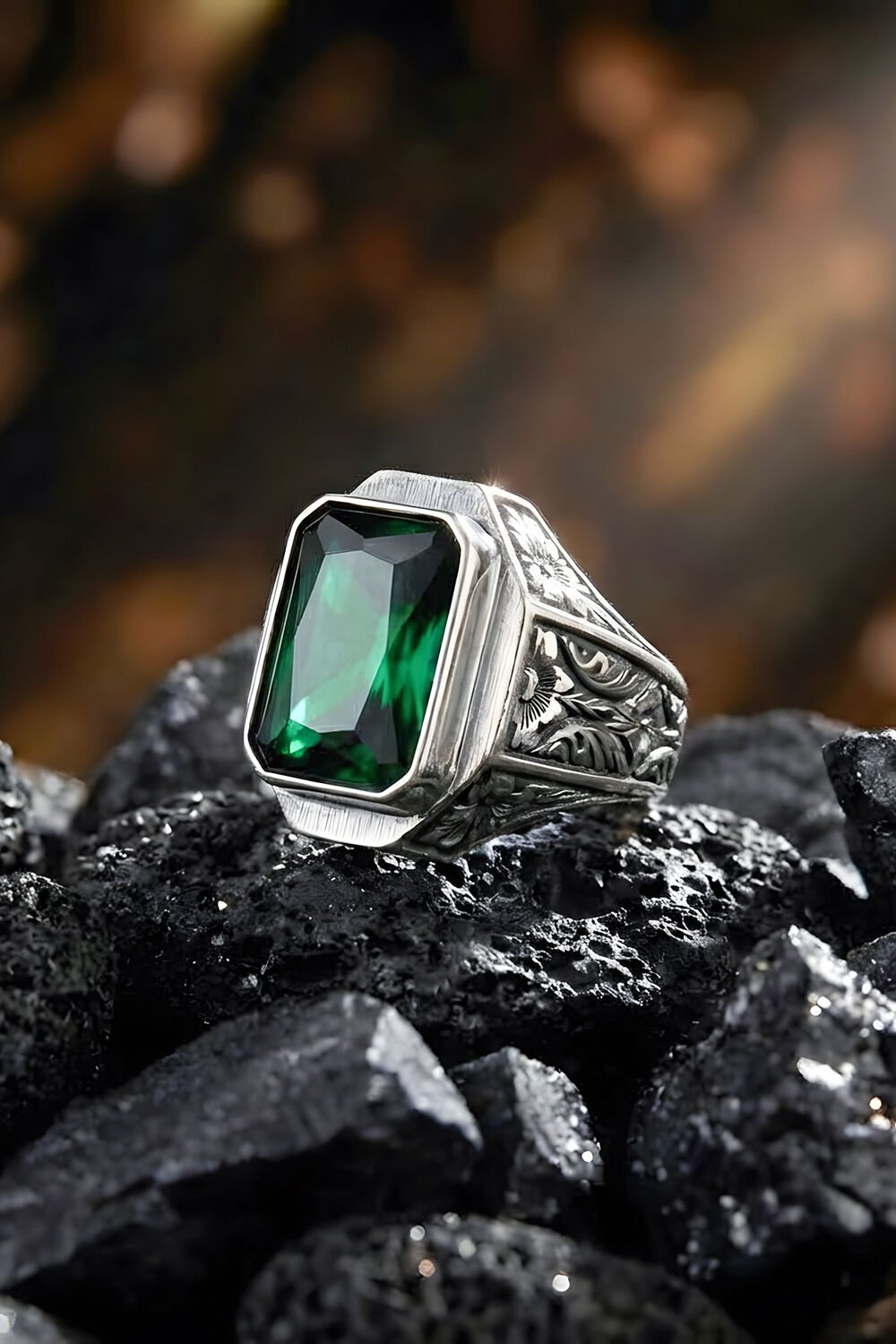 Erzurum Kalem İşçiliği Mizan Model Zümrüt Zirkon Taşlı Erkek Yüzük