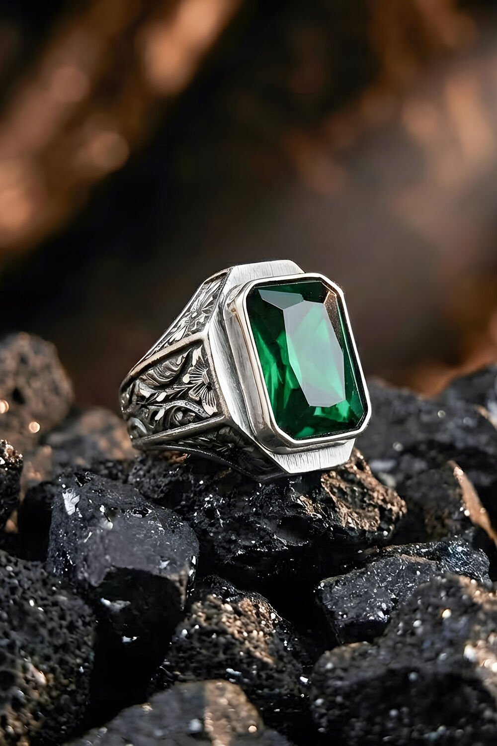 Erzurum Kalem İşçiliği Mizan Model Zümrüt Zirkon Taşlı Erkek Yüzük