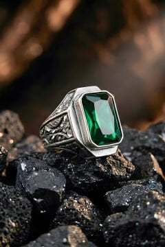 Erzurum Kalem İşçiliği Mizan Model Zümrüt Zirkon Taşlı Erkek Yüzük