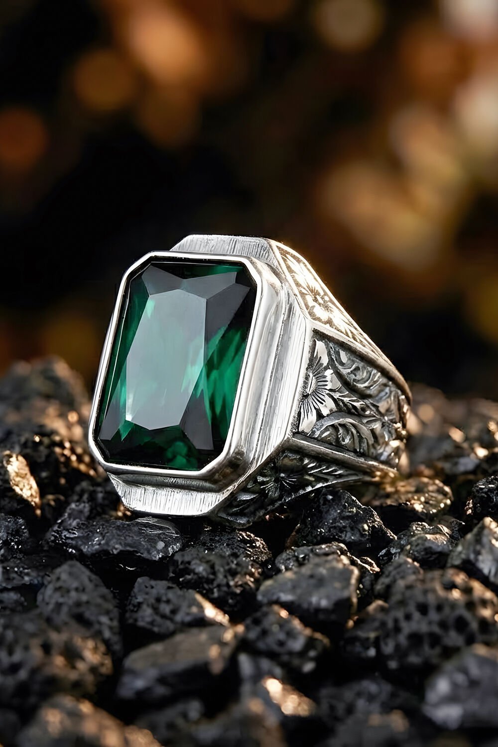 Erzurum Kalem İşçiliği Mizan Model Zümrüt Zirkon Taşlı Erkek Yüzük