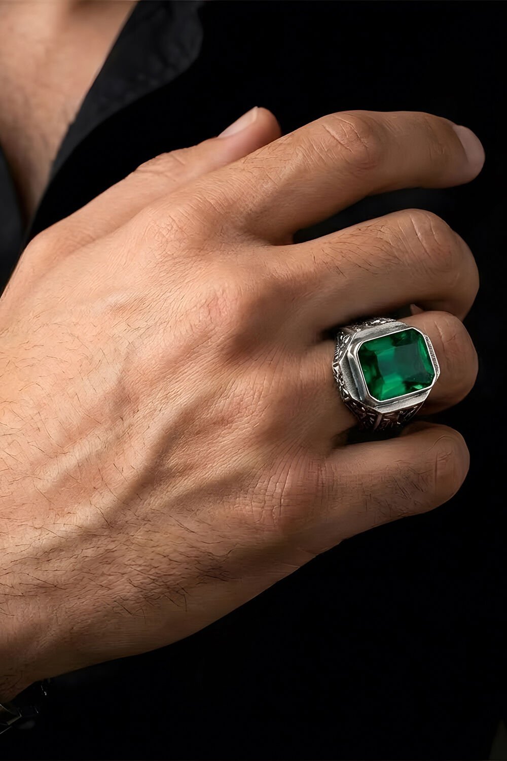 Erzurum Kalem İşçiliği Mizan Model Zümrüt Zirkon Taşlı Erkek Yüzük