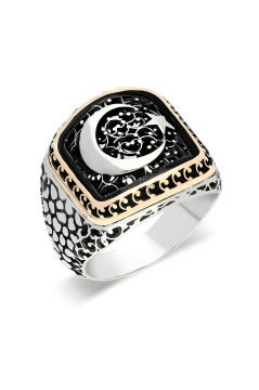 Benekli Model Ay Yıldız Model Taşsız Gümüş Yüzük