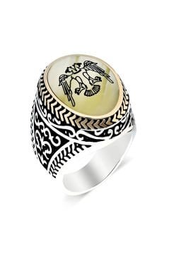 Sedef Taşı Üzerine Selçuklu Kartalı Gümüş Yüzük