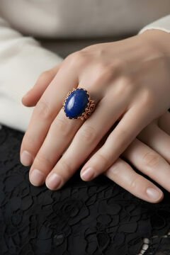 El İşçiliği Özel Tasarım Lapis Lazuli Taşlı Kadın Yüzük 18 - Rose Rengi
