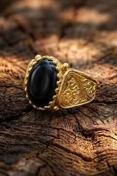 Altın Kaplama Oniks Taşlı Gümüş Erkek Yüzük