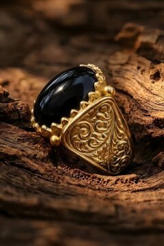 Altın Kaplama Oniks Taşlı Gümüş Erkek Yüzük