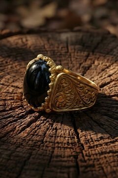 Altın Kaplama Oniks Taşlı Gümüş Erkek Yüzük