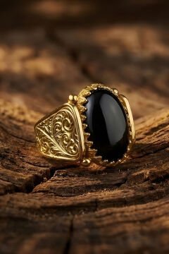 Altın Kaplama Oniks Taşlı Gümüş Erkek Yüzük