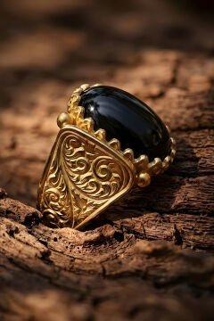 Altın Kaplama Oniks Taşlı Gümüş Erkek Yüzük