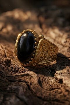 Altın Kaplama Oniks Taşlı Gümüş Erkek Yüzük