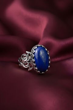 El İşçiliği Özel Tasarım Lapis Lazuli Taşlı Kadın Yüzük 13 - Gümüş Rengi