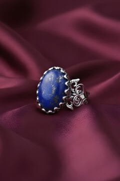 El İşçiliği Özel Tasarım Lapis Lazuli Taşlı Kadın Yüzük 21 - Gümüş Rengi
