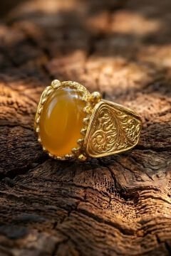 Altın Kaplama Sarı Akik Taşlı Gümüş Erkek Yüzük