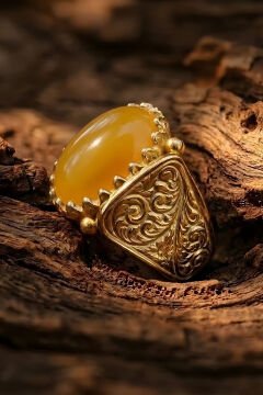 Altın Kaplama Sarı Akik Taşlı Gümüş Erkek Yüzük