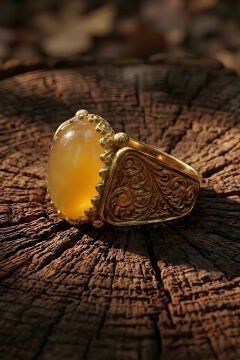 Altın Kaplama Sarı Akik Taşlı Gümüş Erkek Yüzük