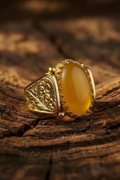 Altın Kaplama Sarı Akik Taşlı Gümüş Erkek Yüzük