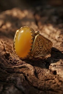 Altın Kaplama Sarı Akik Taşlı Gümüş Erkek Yüzük