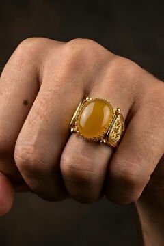 Altın Kaplama Sarı Akik Taşlı Gümüş Erkek Yüzük