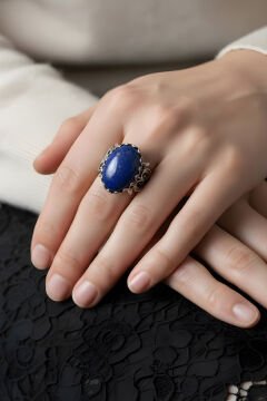 El İşçiliği Özel Tasarım Lapis Lazuli Taşlı Kadın Yüzük 24 - Gümüş Rengi