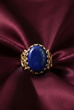 El İşçiliği Özel Tasarım Lapis Lazuli Taşlı Kadın Yüzük 10 - Altın Rengi