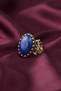 El İşçiliği Özel Tasarım Lapis Lazuli Taşlı Kadın Yüzük 14 - Altın Rengi