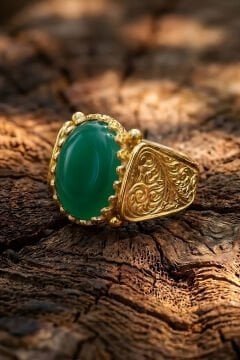 Altın Kaplama Yeşil Akik Taşlı Gümüş Erkek Yüzük