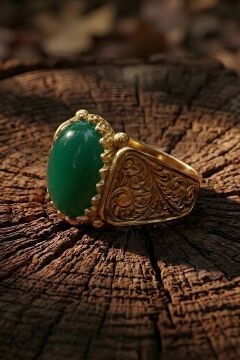 Altın Kaplama Yeşil Akik Taşlı Gümüş Erkek Yüzük