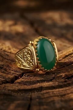 Altın Kaplama Yeşil Akik Taşlı Gümüş Erkek Yüzük