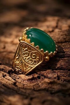 Altın Kaplama Yeşil Akik Taşlı Gümüş Erkek Yüzük