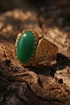 Altın Kaplama Yeşil Akik Taşlı Gümüş Erkek Yüzük