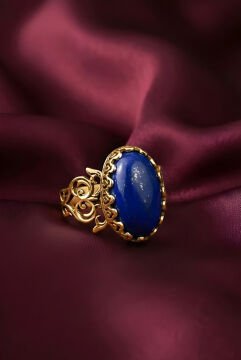El İşçiliği Özel Tasarım Lapis Lazuli Taşlı Kadın Yüzük 22 - Altın Rengi