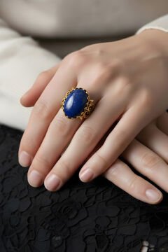 El İşçiliği Özel Tasarım Lapis Lazuli Taşlı Kadın Yüzük 22 - Altın Rengi