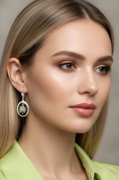 Damla Kehribar İçine Gül Oyma El İşi Gümüş Küpe