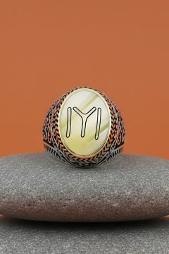 Sedef Taşı Üzerine Kayı Boyu Arması Gümüş Yüzük