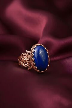 El İşçiliği Özel Tasarım Lapis Lazuli Taşlı Kadın Yüzük 15 - Rose Rengi