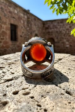 Kalem İşleme Desenli Akik Taşlı Gümüş Erkek Yüzük