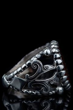 Yeşil Akik Taşlı El İşi Zambak Desenli Gümüş Yüzük