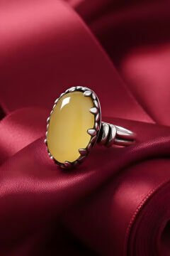 Çift Kol Model Sarı Akik Taşlı El İşi Gümüş Yüzük 15 - Gümüş Rengi