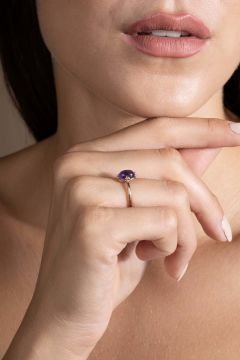 Doğal Ametist Taşlı Minimal Gümüş Ayarlanabilir Kadın Yüzük Rose Rengi - 13