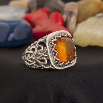 Damla Kehribar El İşi Gümüş Yüzük