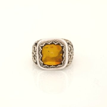 Damla Kehribar El İşi Gümüş Yüzük