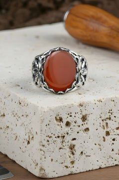 Selçuklu Motifli El İşi Akik Taşlı Gümüş Yüzük