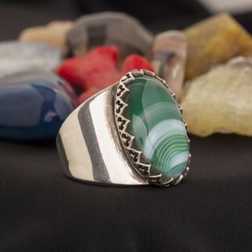 Yeşil Akik Taşlı El İşi Gümüş Yüzük