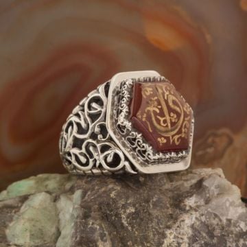 Altıgen Akik Taşı Vav Elif Kazıma El İşi Yüzük