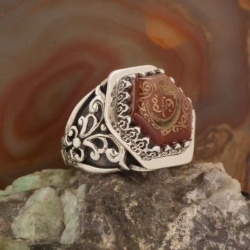 Altıgen Akik Taşı Vav Kazıma El İşi Gümüş Yüzük